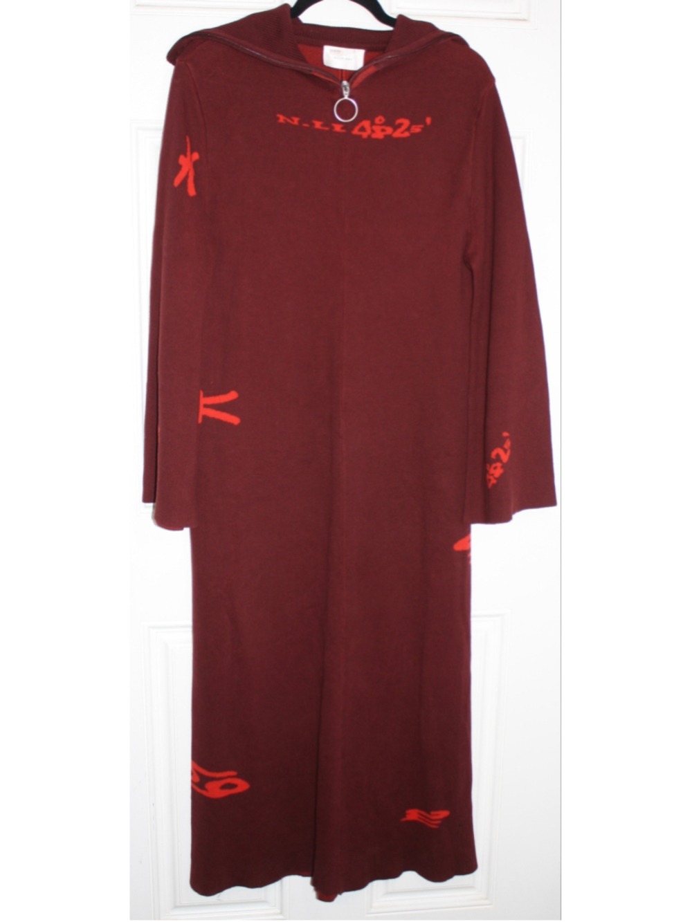 HOSBJERG Ida Corsa Maxi Sweater Dress S Burgundy Graphic Y2K Ring Zip